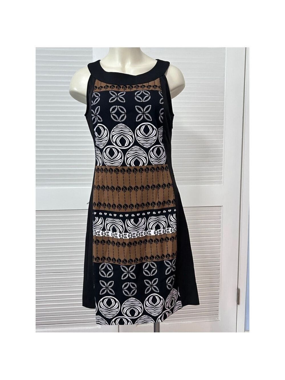 Voir Voir Women’s Sleeveless Geometric Print Dress Size 8 Black Brown White
